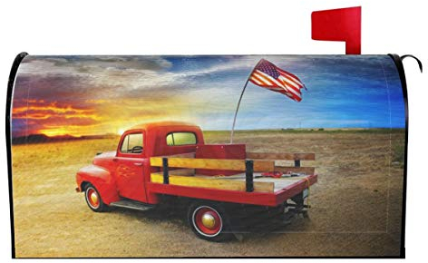 Roter Vintage-Pickup-Truck mit amerikanischer Flagge Briefkastenabdeckungen Magnetische Briefkastenhüllen Postbriefkastenabdeckung Standardübergröße 21 x 18 Mailwrap Garden Home Decor