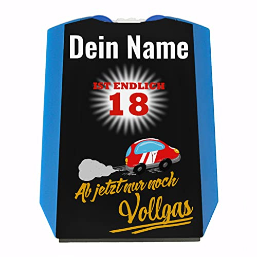 Endlich 18 Parkscheibe - personalisiert mit deinem Namen - mit kleinem Rennwagen und 2 Einkaufswagenchips zum 18. Geburtstag wenn der Führerschein bestanden wurde Volljährig Auto Party KFZ Eiskratzer
