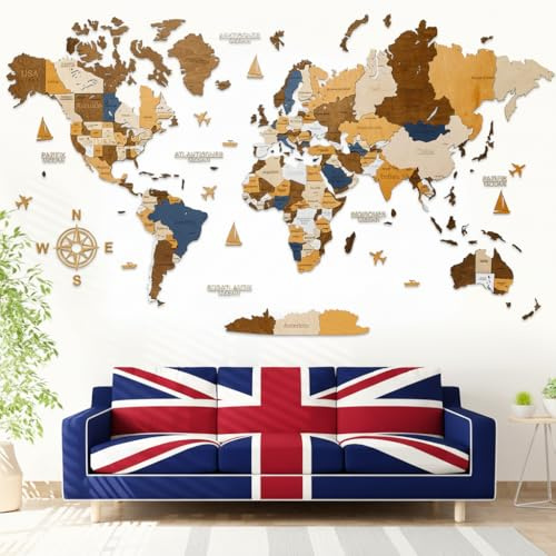 WOW WOOD Premium Wall Decor 3D Wooden World Map på engelska med stift | Multi Colour, L (160 x 85 cm) | Väggdekoration för hem och kontor | Verktygsfri väggmontering | Present idé för alla typer av