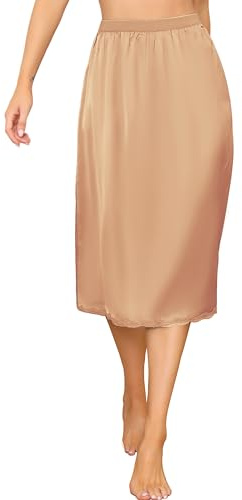 Vlazom dam satin underkjol lång kjol petticoat med spets elastisk midja halvslips för underkläder, M