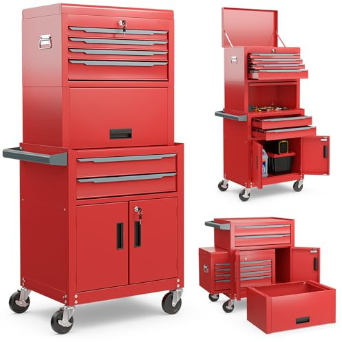 COSTWAY Large Tool Cabinet, Lockable Metal Tool Chest Combo with Detachable Top Cabinet, Wheels, 6 Drawers & Hooks, Heavy-duty Rolling Toolbox Trolley (3-in-1, with Middle Compartment, Red)