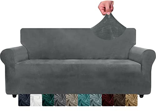 CHELZEN Velvet Extra Große Sofabezüge 4-Sitzer Dicke Stretch übergroße Sofabezüge für Hunde Haustiere rutschfeste XL Sofa Slipcover Waschbare Möbel Protektor (4 Sitzer, Grau)
