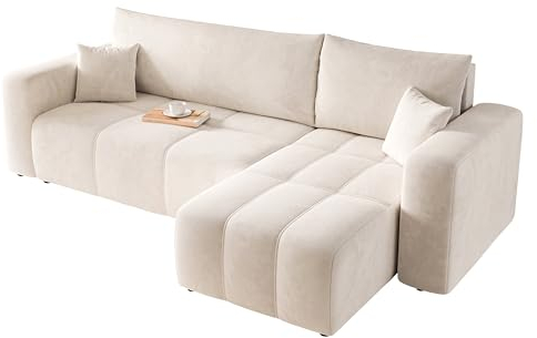 GREKPOL Sofa mit Schlaffunktion 145x248 - Beige Ecksofa mit Schlaffunktion und Bettkasten - Sofa 3 Sitzer - Schlafsofa - Couch - Schlafsofa mit Bettkasten