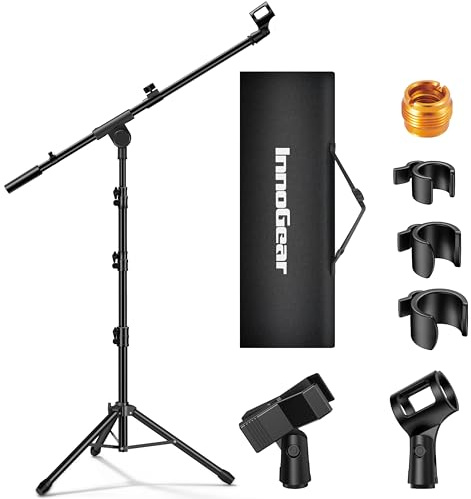 InnoGear Microphone Stand, 2 Pack Tripod Boom Arm Floor Mic Stand Height Adjustable with Carrying Bag 2 Mic Clips 3/8 to 5/8 Adapter for Singing Podcast for Blue Yeti Shure SM58 SM48 Samson Q2U