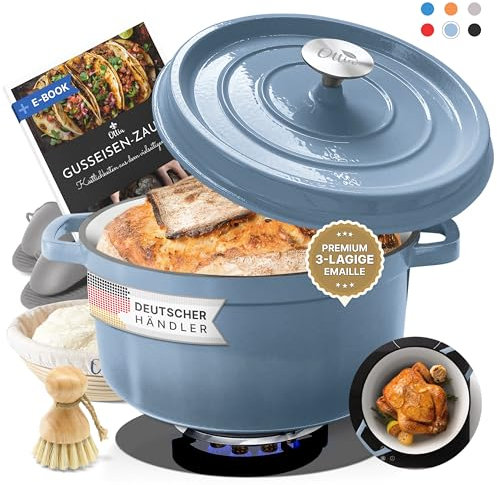 Ottia Gusseisen Topf brot backen [inkl. Gärkorb] - Emaille Topf 26cm - Dutch Oven, Brotbackform, Brotbacktopf, Schmortopf Bräter mit Deckel, Bratentopf - auch für Induktion | Händler aus Hamburg
