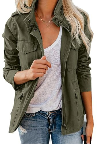 Damen-Militärjacke mit mehreren Taschen, Reißverschluss, Druckknöpfe, leicht, Utility-Anorak-Feld-Safari-Mantel, armee-grün, XL
