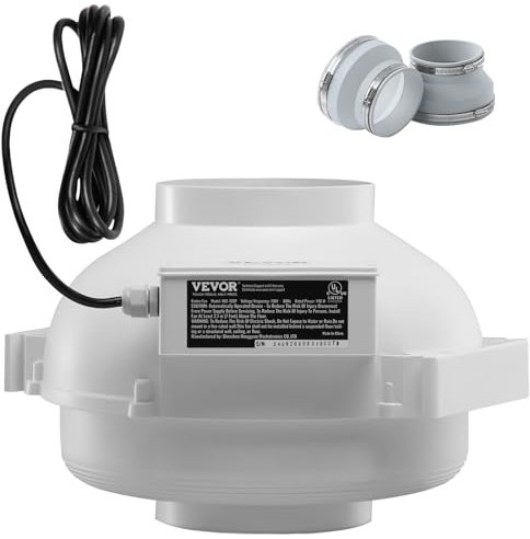 VEVOR Sistema de Ventilación para Mitigación Radón Silencioso, Kit de Mitigación de Radón 380 CFM con 2 Acopladores, Ventilador de Extracción para Ventilación Interior y Exterior, 355 x 335 x 235 mm