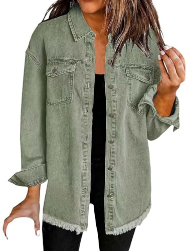 FJKVAVF tvättad denimskjorta jacka mode casual hem kvinnor jacka damer kvällsmode blus lång damtröja långärmad tröja 3-pack damer lång skjorta brun damer ljusblå skjorta damer