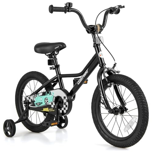 COSTWAY 16 Inch Kids Bike, Boys & Girls Training Bike w/Removable Training Wheels, Pneumatic Tires, Adjustable Handlebar & Seat, Dual Brake System, Children Toddler Bicycle for 3-8 Years Old, Black