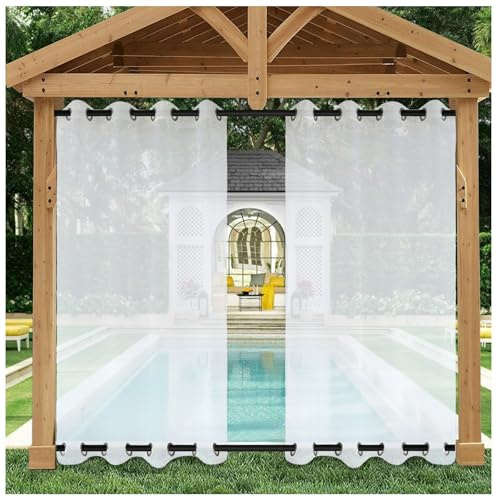 Mewkew Outdoorvorhänge Weiß Transparent Wetterfest Mit Ösen Oben und unten, 2er Set H 200 x B 132 cm Wasserdicht Winddicht Outdoor Vorhang Terrasse Außenvorhang Pavillon Gardinen