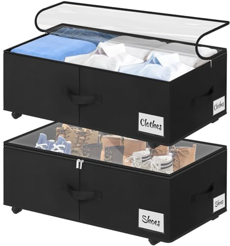 Under Bed Storage with Wheels, 2-Pack 10 Height XXL 60L Rolling Storage Bins, Quick Assembly Underbed Shoe Storage Containers with Clear Lid & Label, Dorm Under Bed Drawers for Clothes, Shoes, Black