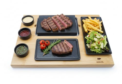 BEEFSTONE Heißer Stein Lavastein Steak-Brett Modell EVO, mit Teller in Schieferoptik, 3 Dipschalen und einer Beilagenplatte, 8-Teilig, Hot Stone Steak
