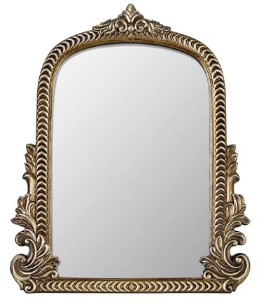 LuHeToz Espejo de tocador antiguo curvado con marco de resina, tamaño pequeño (24 x 29,5 cm), espejo de pie para salón, dormitorio, mesa, dorado vintage