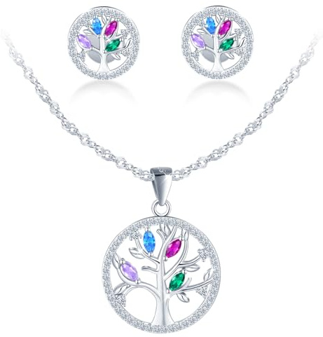 MICMIF Collar y Pendientes Árbol de la Vida con Circonitas Colores para Mujer, Juegos de Joyas de Plata de Ley 925, Conjuntos de Joyas Aretes y Collar para Mujeres Novia Esposa Mamá