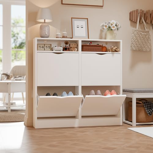 ELUCHANG Meuble à Chaussures Entree, Armoire à Chaussures avec 4 Portes Abattantes & Compartiments Ouverts pour Entrée Couloir Séjour Chambre, 17x100x100cm, Blanc
