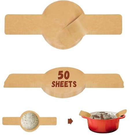 Carta da forno in fogli antiaderente, 50 pezzi carta forno senza BPA e PFAS, rotonda Ø 20 cm con manici lunghi 55 cm, inserti in carta pergamena per pane fatto in casa, cottura in cocotte e dutch oven