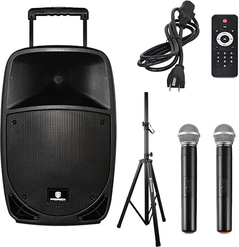 PRORECK Portable 12 Inch 1200W Powered PA/DJ Speaker System with Rechargeable Battery, 2 Wireless Mics, Bluetooth, USB, SD, FM Radio, Remote, Speaker Stand for Parties, Karaoke, speeches, Outdoor