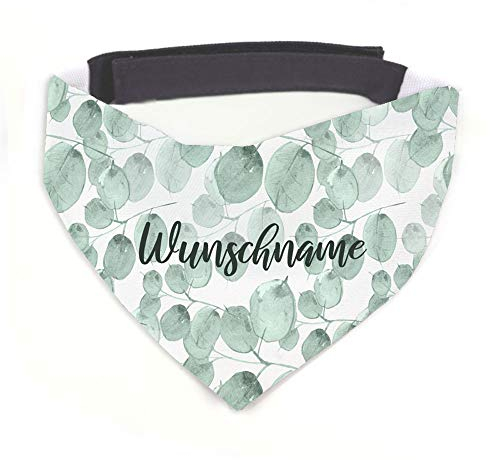 Tierisch-tolle Geschenke Hundehalstuch mit Namen Vintage Blätter personalisiert inklusive Wunschname mit 12 cm Klettverschluss für kleine, mittlere und große Hunde (S = Halsumfang: 32-38 cm)