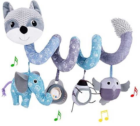 ORZIZRO Car Seat Toys, Baby Plush Spiral Hanging Toys for Stroller Crib Bar Bassinet Car Seat Mobile with Musical Owl BB Squeaker Elephant- Gray Fox