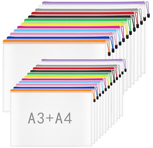 NORTHERN BROTHERS A3 Plastic Wallets A4 Zip Wallets - 24PCS Zip Folders Zip Document Folder Large Ziplock Bag Mesh Zipper File Bags (A3/A4)