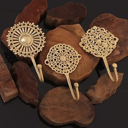 Indisk hylla handgjord vintage paket med 3 gyllene patina blommig boho mässing väggkrokar tyghängare nyckelhållare med skruv och ankare, BTH-313/316/315, standard