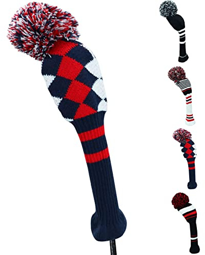 Golf Head Covers Knitted Woods Driver Fairway Hybrid Pom Pom Cover Washable Soft Kint Headcover 1 3 5 for Men Women Kids Sold in Separate (Navy Blue&Red Argyle, #3 Fairway)