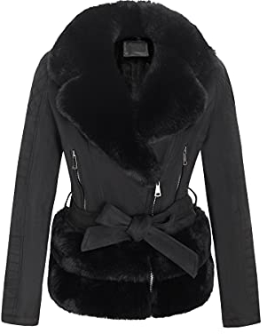 Geschallino Chaqueta de Ante Sintético para Mujer Abrigo Corto para Motocicleta Invierno Forro de Sherpa con Cinturón 8831A Negro L