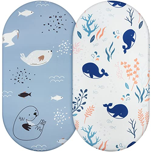 Aolso Baby Matratzenschoner Spannbettlaken, 2er Pack Stubenwagen Bezug 84 * 41cm,Kinderwagen Matratzenbezug, Spannbettlaken für Kinderbetten aus Polyester gewebt(Weiß/Blau)