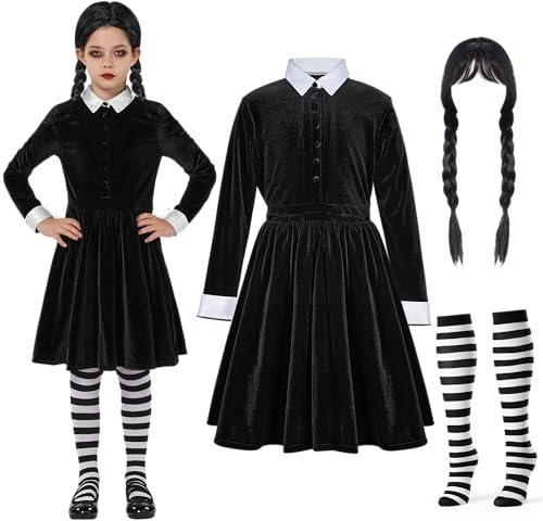 Spooktacular Creations Vestito nero con colletto per ragazze, Costume da scolaretta a maniche lunghe con parrucca, Vestito a pieghe in velluto per bambini Halloween, Festa Cosplay (Large (12-14 YRS))