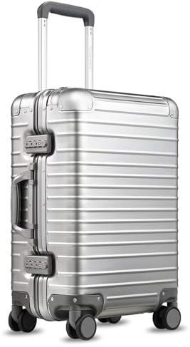 LUGGEX Aluminum Koffer & Trolleys, Stabil Hartschalekoffer ohne Reißverschluss, Alu Reisekoffer mit 4 Doppel-Spinner Rollen, TSA-Zahlenschloss(Silber, 55 cm, 40L)