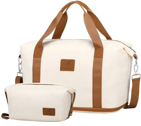 British Traveller Reisetasche Damen 40x30x22CM Sporttasche Damen Wasserdicht Öffnungsdesign 1 Großer Kapazität Reisetaschen und 1 Kulturtasche für Reisen Gym Yoga Krankenhaus Strand Beige