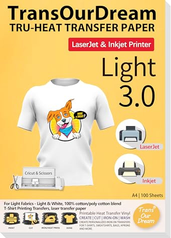 TransOurDream Light Transfer Paper 100 Sheets A4 for Inkjet & Laser Printer | Iron On Transfers Printable HTV Heat Transfer Vinyl for White and Light Fabrics,Easy to Cut(TOD-03-100)