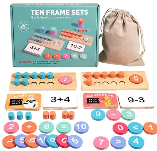 Set med tio träramar - Matematiska manipulativa leksaker för barn | Förskola och grundskola lärande spel | Additionsmaterial och räkning för lärare,