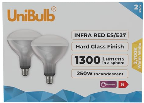 Unibulb Infra-Red Heater Lamp E27 Edison Screw (ES) 1300 Lumens 250W Heat Lamp Light Bulb, 2700k Warm White, Hard Glass Finish, Dimmable, Box of 2