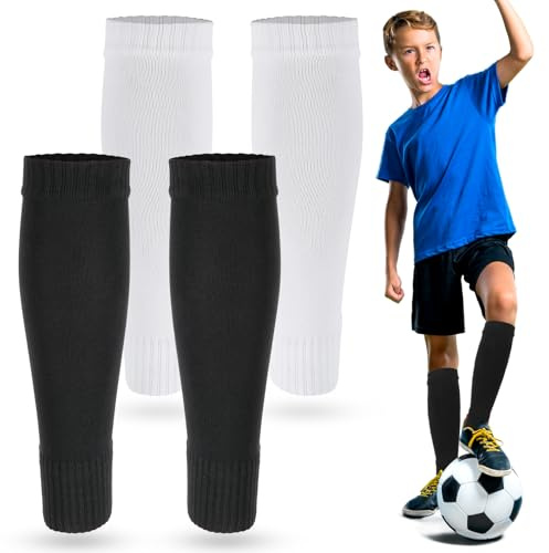 Tyqour 2 Pairs Kids Pre Cut Soccer Socks, Soccer Leg Sleeves Socks for Football Shin Guard Sleeves for Age 7-14 Youth Boys Children Football Basketball Training(White, Black)