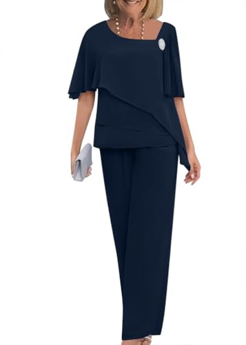 shownicer Completo Donna Elegante Chiffon Camicia a Maniche Corte et Pantalon 2 Pezzi Set Taille Haute Taglia Grande Cerimonia Outfits B Marina XXL