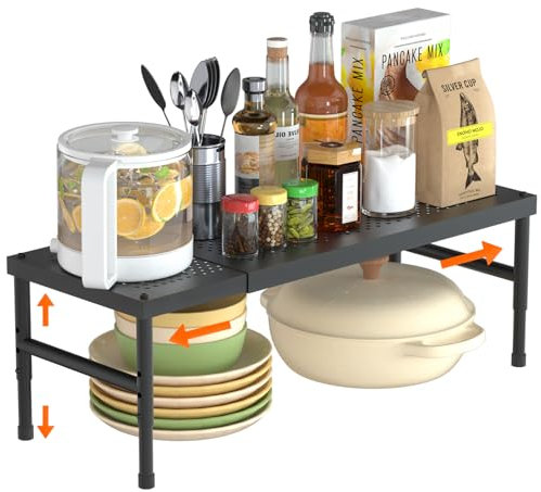 SKYSER Spice Rack kitchen Cupboard Shelf Organiser, Expandable Kitchen Shelf Organiser, Adjustable height, suitable for kitchen, cabinet, study, bathroom (Black)