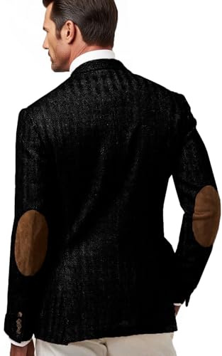 VENNYNG Men's Vintage Tweed Blazer Knit Herringbone Suit Jacket with Elbow Pathes Dress Coat Single Breasted Two-Buttons