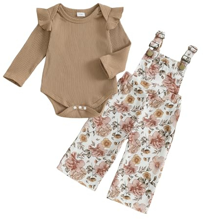 XIXIMAON Infant Baby Girl Outfits Solid Color Long Sleeve Ribbed Bodysuits Floral Suspenders Trousers Newborn Autumn Clothes Girls Overalls Dungarees (Brown, 9-12 Months)