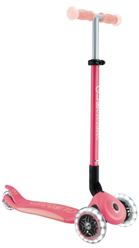 Globber Elite Kids Trottinette lumineuse à 3 roues, pliable, 3 ans à 9 ans, roues LED, rose corail