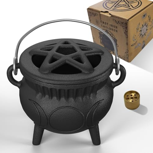 Aurionix Triple Moon Cast Iron Cauldron with Lid and Handle, 5 Inch