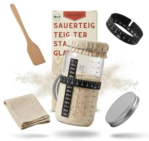 HeldenPilz® Tarro de Masa Madre 600 ml – Kit de Iniciación con Espátula y Termómetro – Frasco de Fermentación de Vidrio para Pan de Masa Madre, Sourdough Starter Jar
