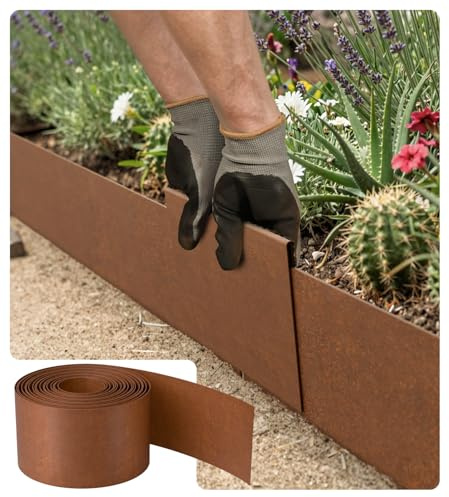 Bordo per prato in acciaio corten, 10 m, bordatura per aiuole in metallo, altezza 15 cm, spessore 0,6 mm, bordo flessibile per aiuole con effetto ruggine, include un paio di guanti e un connettore in