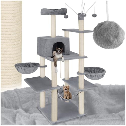 tectake® XXL Kratzbaum groß für Katzen, Zubehör Liegemulden, Katzenhängematte, Katzenhaus, Spielzeug, Sisalseil, Kratzstamm, Katzenbaum, Katzenkratzbaum Höhe ca. 165 cm - grau