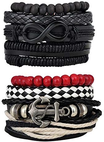 Feilok Set di 4/8 bracciali in pelle da uomo con simbolo dell'infinito, con ancora dell'infinito, lunghezza intrecciata, elasticizzati, in legno, regolabili, 17 cm, Pelle, Perla