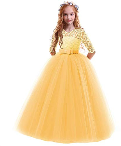FYMNSI Vestido de Niña Flor de Encaje Manga 3/4 Tul Princesa Maxi Vestido Largo Dama de Honor de la Boda Fiesta de Cumpleaños Comunión Noche Paseo Baile Cóctel Vestidos de Gala Amarillo 13-14 Años