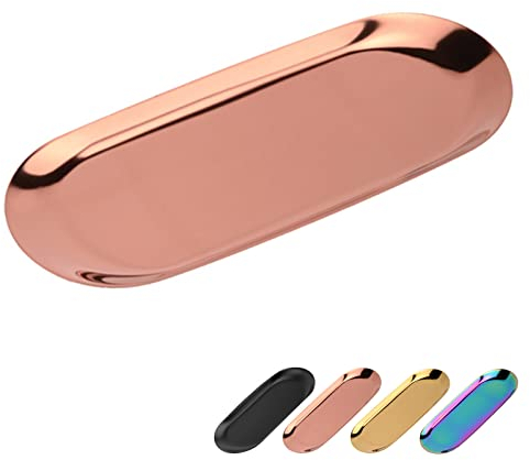 Bymivofun Vassoio Ovale, Vassoi cosmetici ovali, Vassoi Portaoggetti in Acciaio Inossidabile, per Conservare Gioielli, Snack, Degustazione di Tè, Candele, Piatti - 23x9,5 cm (Oro rosa)