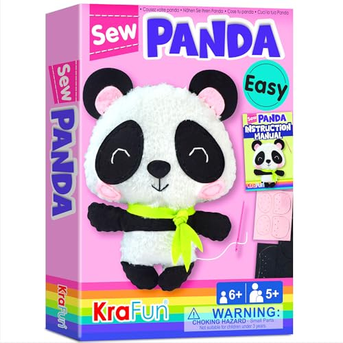 KRAFUN Panda Sewing Kit for Kids Ages 7-12, Beginner Craft Set with Panda Stuffed Doll, Plush Felt Materials, Instructions, Embroidery Supplies, Pre-Punched Fabric