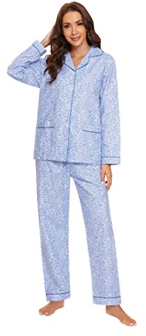GLOBAL Femme Pyjama Flanelle Manches Long |Ensembles de Pyjama Coton |Chemises de Nuit Bouton | Chaleureux Vêtements de Nuit Confortable |Petites Fleurs Bleues M