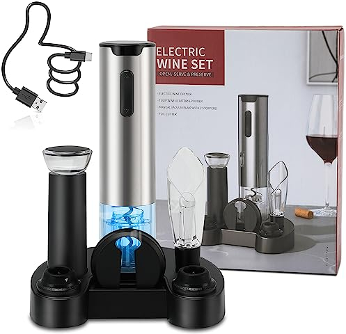 ZOYIDOUX Kit regalo Cavatappi elettrici ricaricabile 8 in 1,Apribottiglie elettrici con base di ricarica,Taglierino,Pompa a vuoto e 2 tappi per vino,Aeratore per vino,Regalo per gli amanti del vino